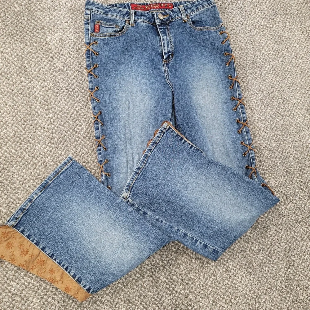 Vintage Mudd Flare Jeans Y2K Lace Up Side Floral Embroidered Hem Youth Girl 16